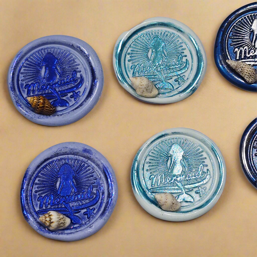 Mermaid Wax Seals Melody of Blue, With Shell Set of SIX, for cards, invitations, letters and gifts