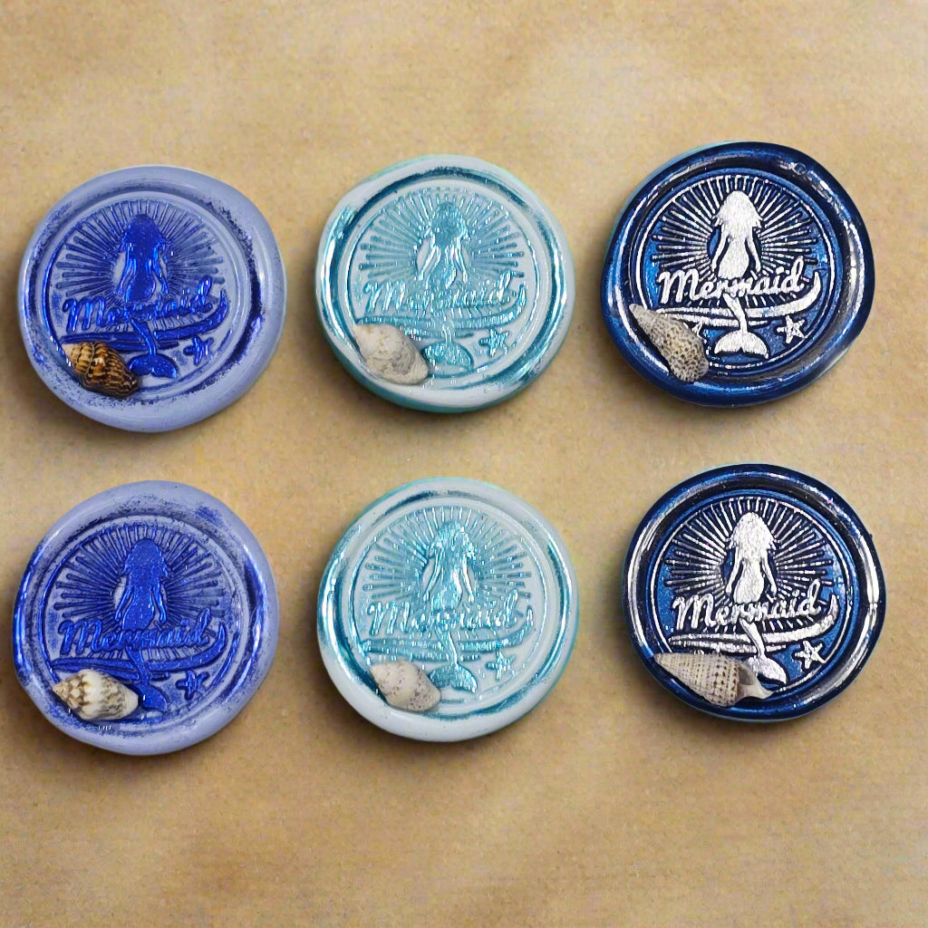 Mermaid Wax Seals Melody of Blue, With Shell Set of SIX, for cards, invitations, letters and gifts