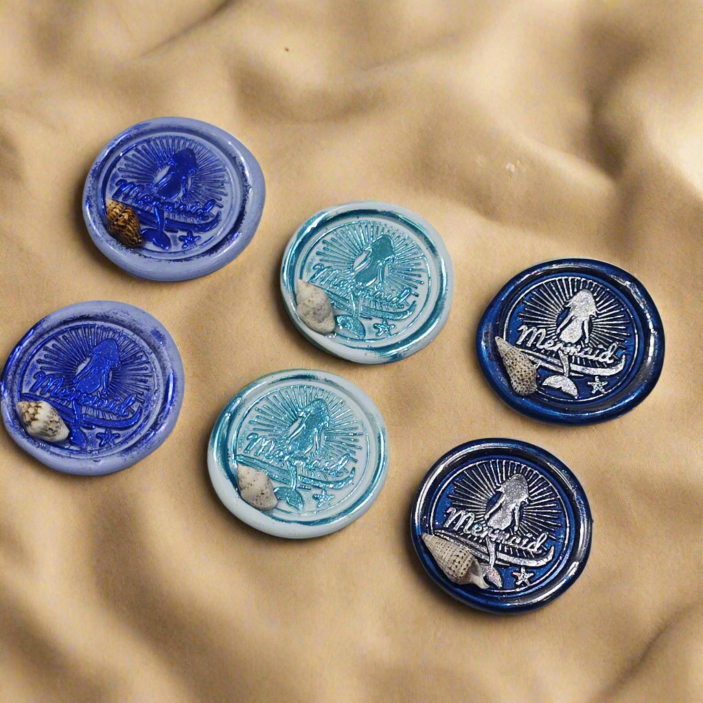 Mermaid Wax Seals Melody of Blue, With Shell Set of SIX, for cards, invitations, letters and gifts