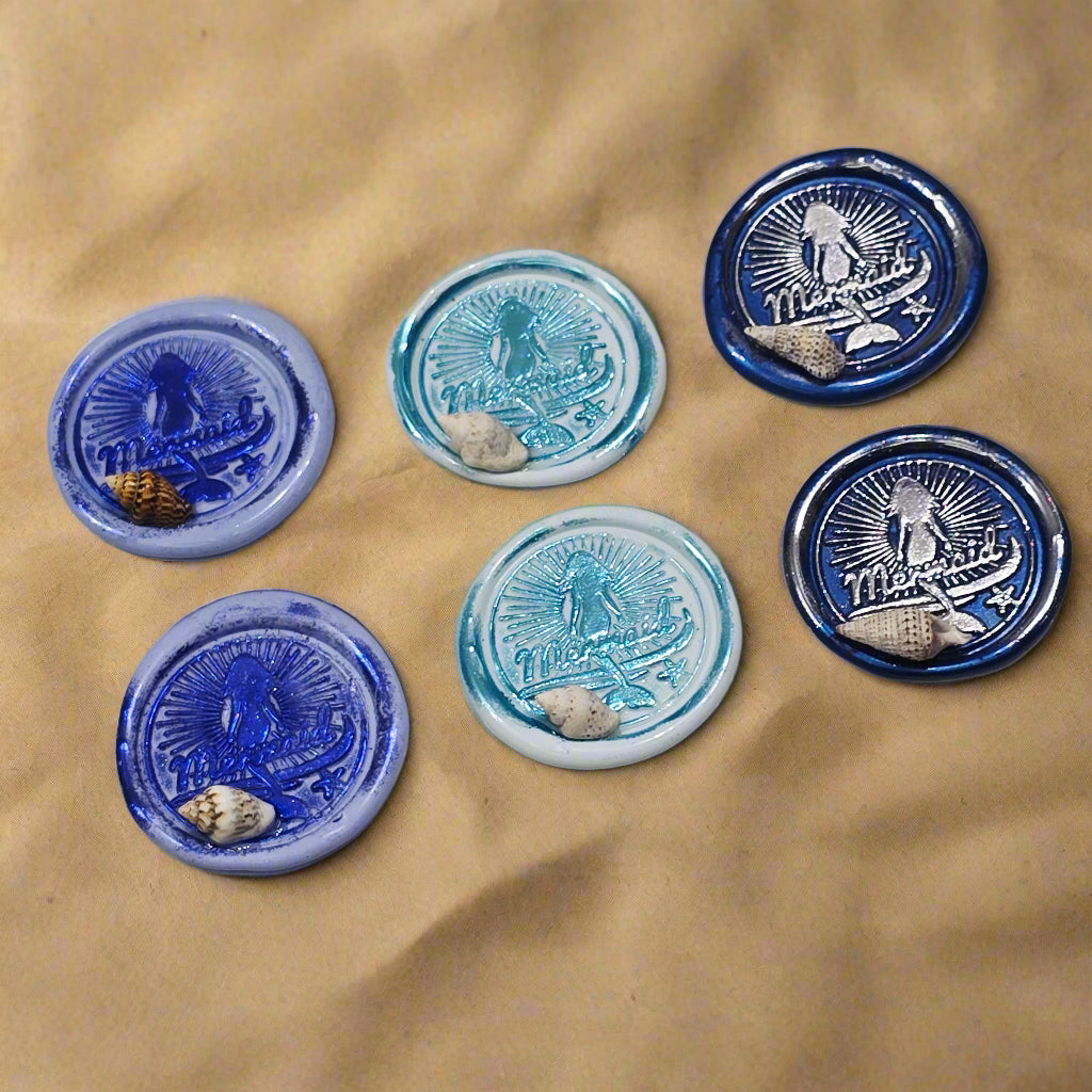 Mermaid Wax Seals Melody of Blue, With Shell Set of SIX, for cards, invitations, letters and gifts