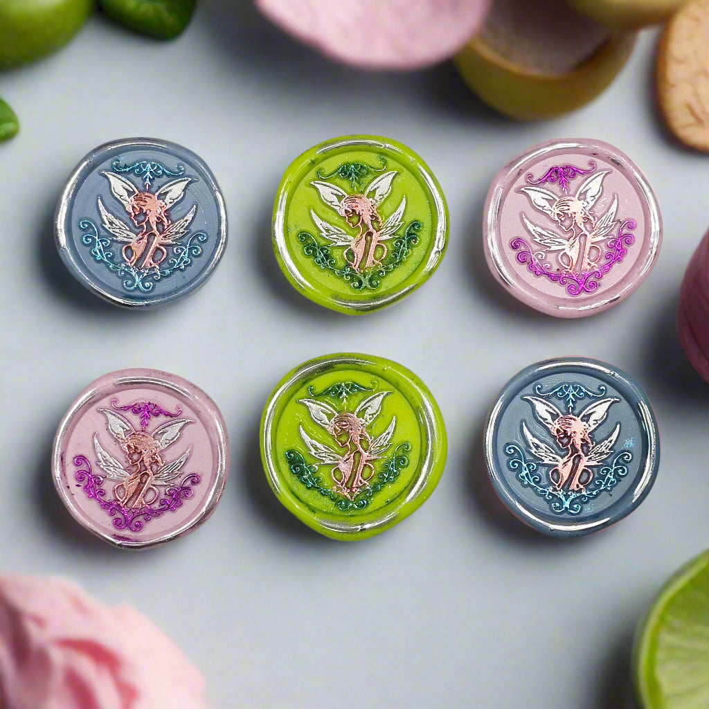 Fairy Wax Seals Pastels Periwinkle Blue, Lime, Pink and Silver Set of SIX, for cards, invitations, letters and gifts