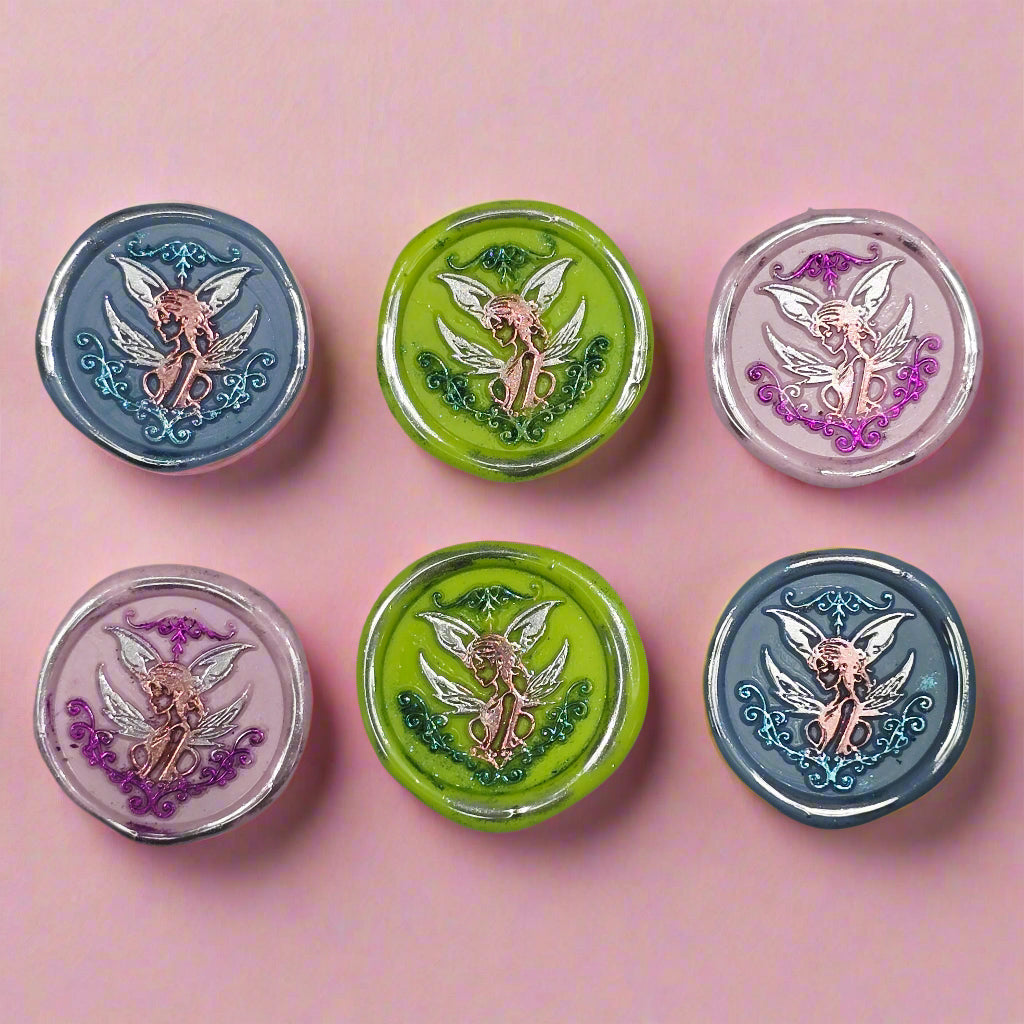 Fairy Wax Seals Pastels Periwinkle Blue, Lime, Pink and Silver Set of SIX, for cards, invitations, letters and gifts