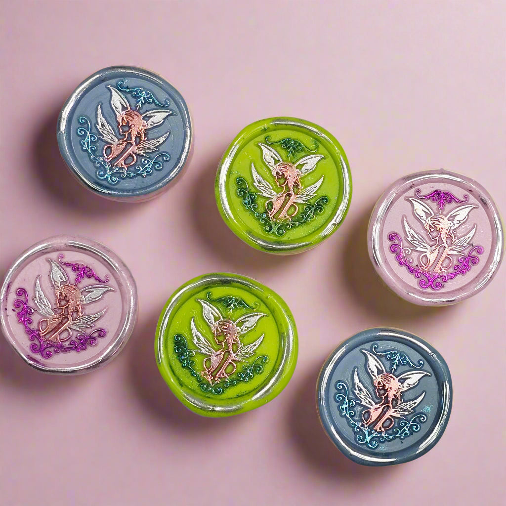 Fairy Wax Seals Pastels Periwinkle Blue, Lime, Pink and Silver Set of SIX, for cards, invitations, letters and gifts