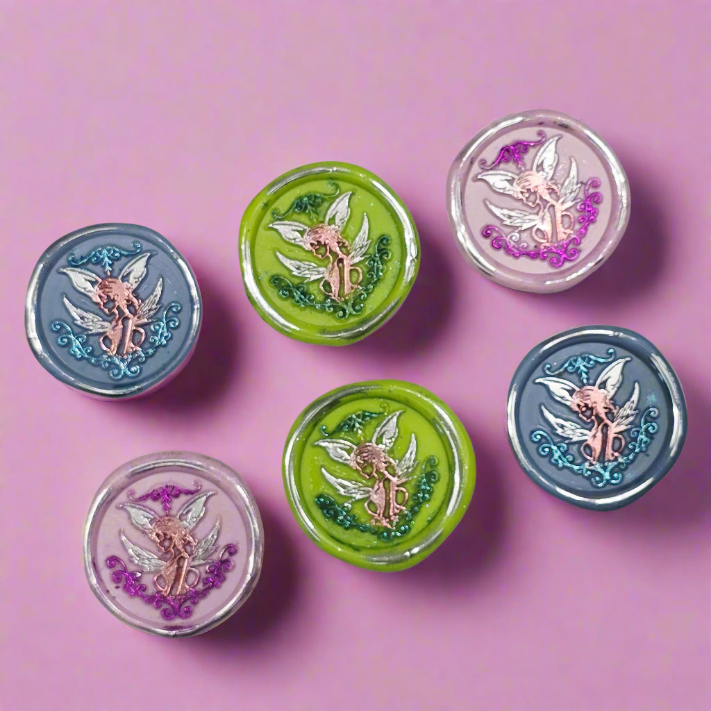 Fairy Wax Seals Pastels Periwinkle Blue, Lime, Pink and Silver Set of SIX, for cards, invitations, letters and gifts