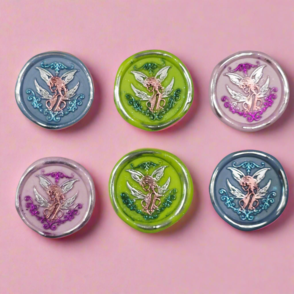 Fairy Wax Seals Pastels Periwinkle Blue, Lime, Pink and Silver Set of SIX, for cards, invitations, letters and gifts