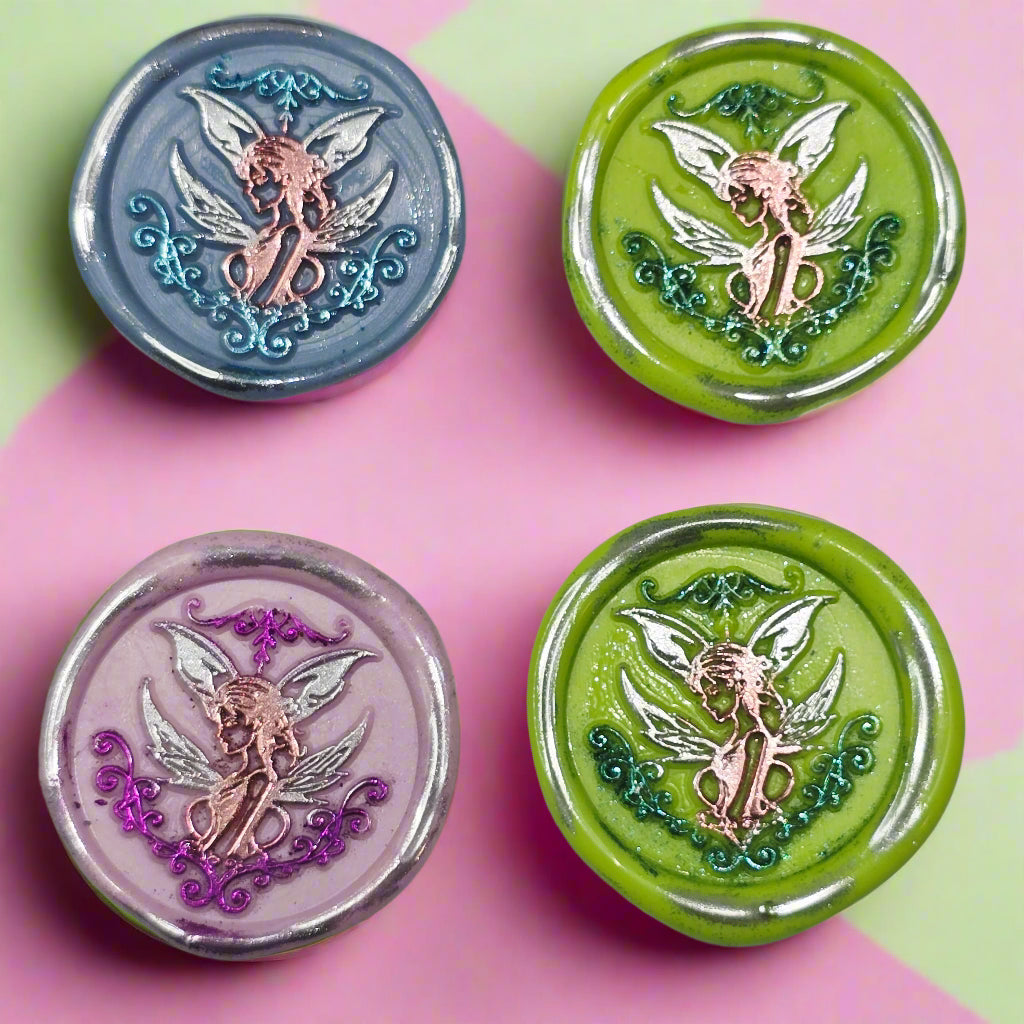 Fairy Wax Seals Pastels Periwinkle Blue, Lime, Pink and Silver Set of SIX, for cards, invitations, letters and gifts