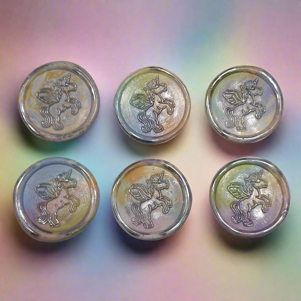 Unicorn Wax Seal In Rainbow Pastel and Silver, Set of SIX for cards, invitations, letters and gifts