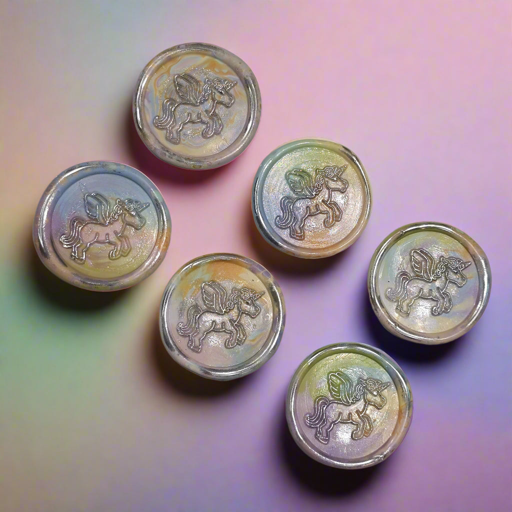Unicorn Wax Seal In Rainbow Pastel and Silver, Set of SIX for cards, invitations, letters and gifts