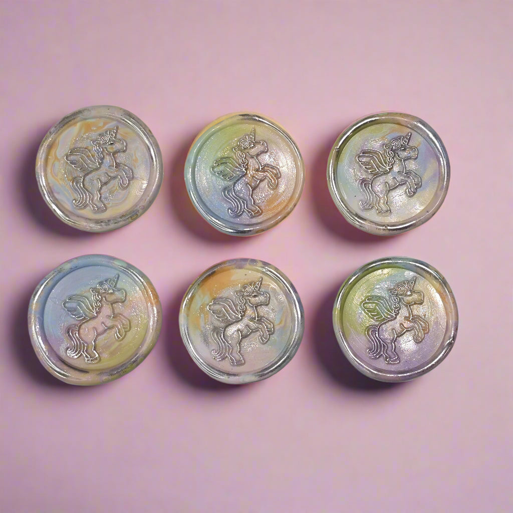 Unicorn Wax Seal In Rainbow Pastel and Silver, Set of SIX for cards, invitations, letters and gifts