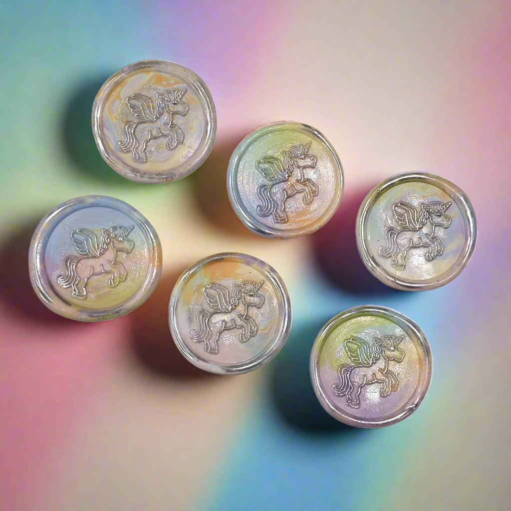 Unicorn Wax Seal In Rainbow Pastel and Silver, Set of SIX for cards, invitations, letters and gifts