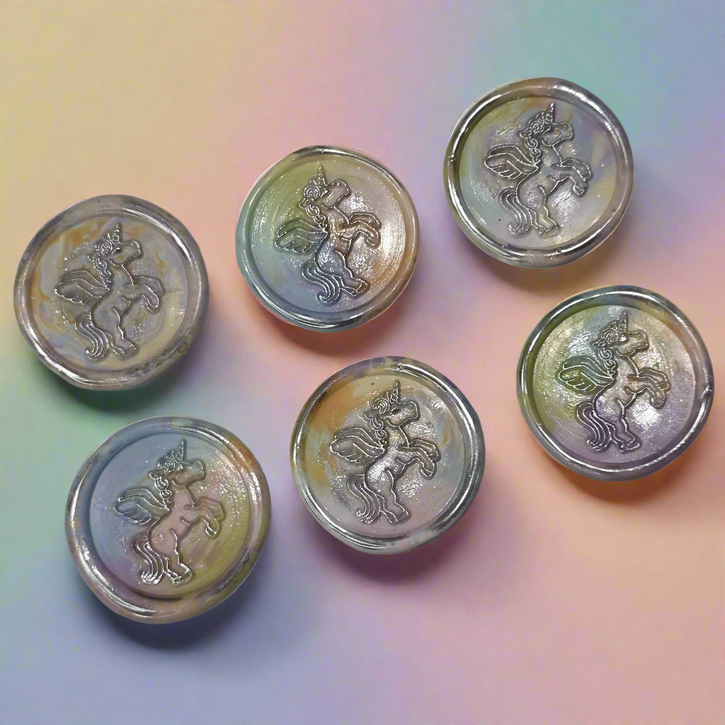 Unicorn Wax Seal In Rainbow Pastel and Silver, Set of SIX for cards, invitations, letters and gifts