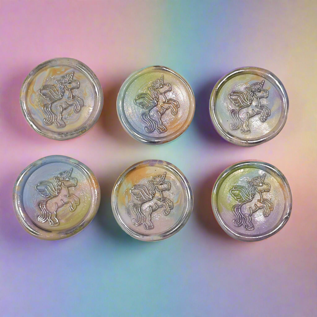 Unicorn Wax Seal In Rainbow Pastel and Silver, Set of SIX for cards, invitations, letters and gifts