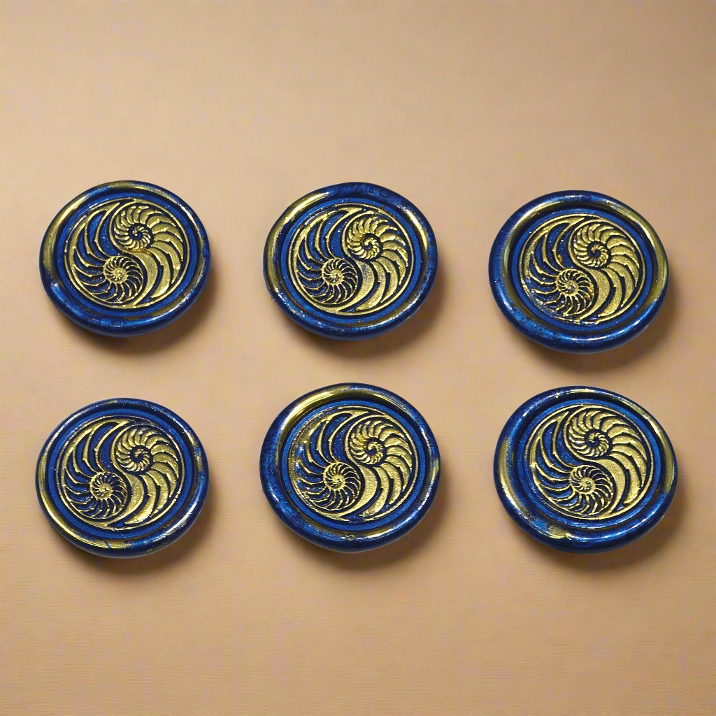 Conch Shell Wax Seals in Yin Yang in Blue and Gold, Set of SIX for cards, invitations, letters and gifts