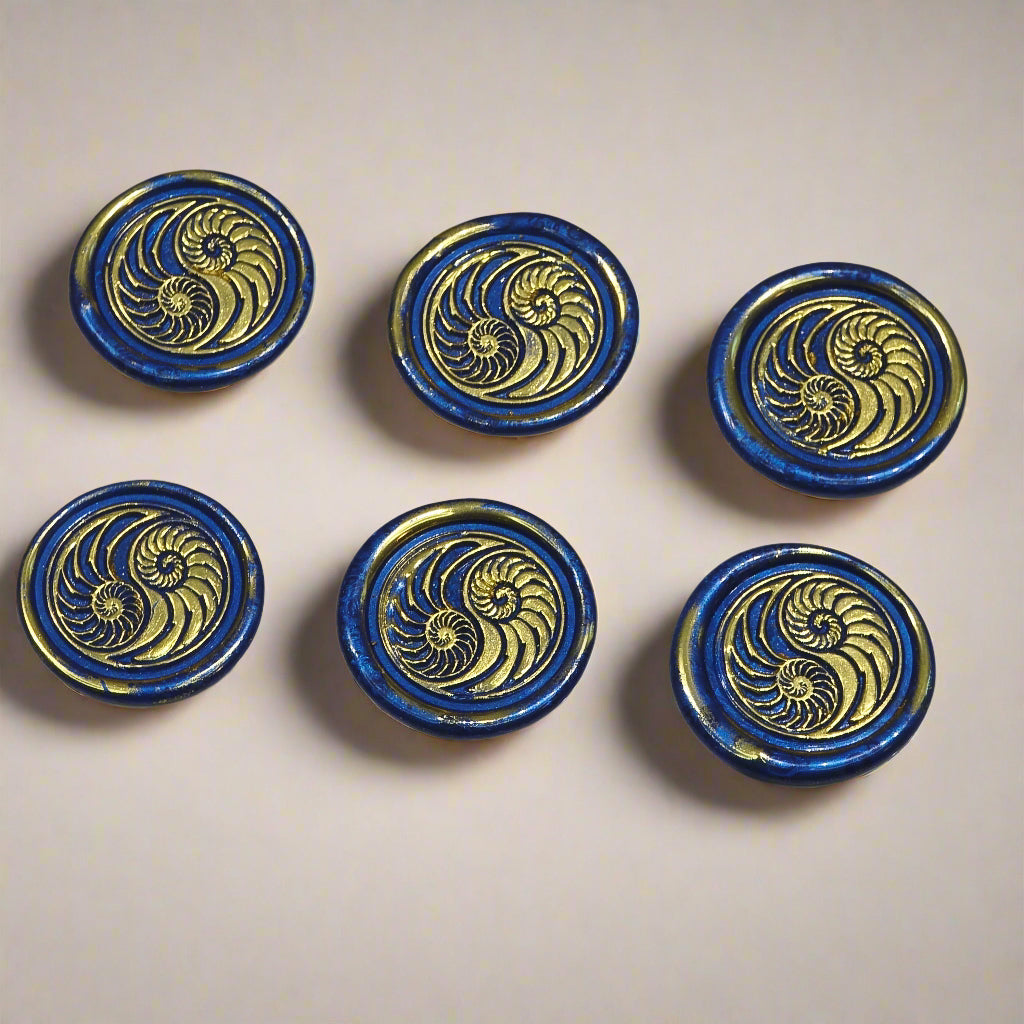 Conch Shell Wax Seals in Yin Yang in Blue and Gold, Set of SIX for cards, invitations, letters and gifts