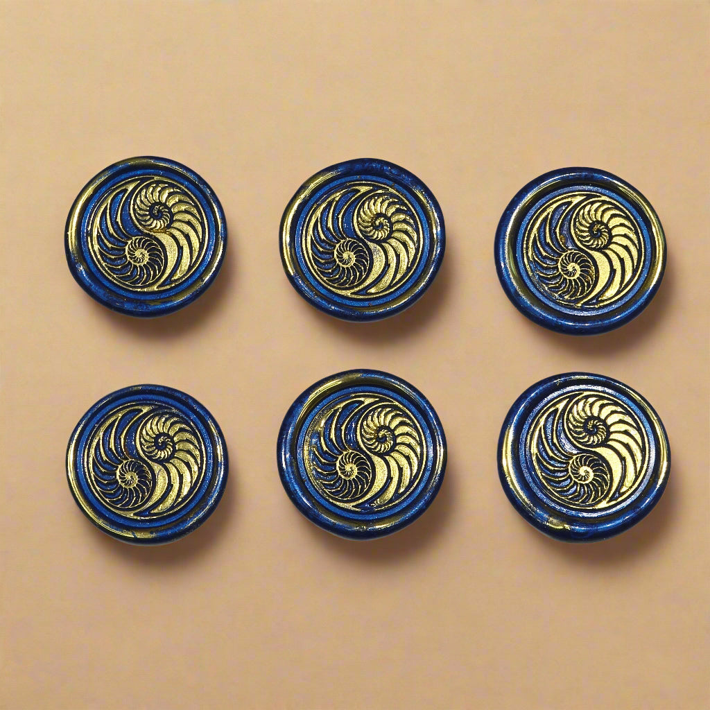 Conch Shell Wax Seals in Yin Yang in Blue and Gold, Set of SIX for cards, invitations, letters and gifts
