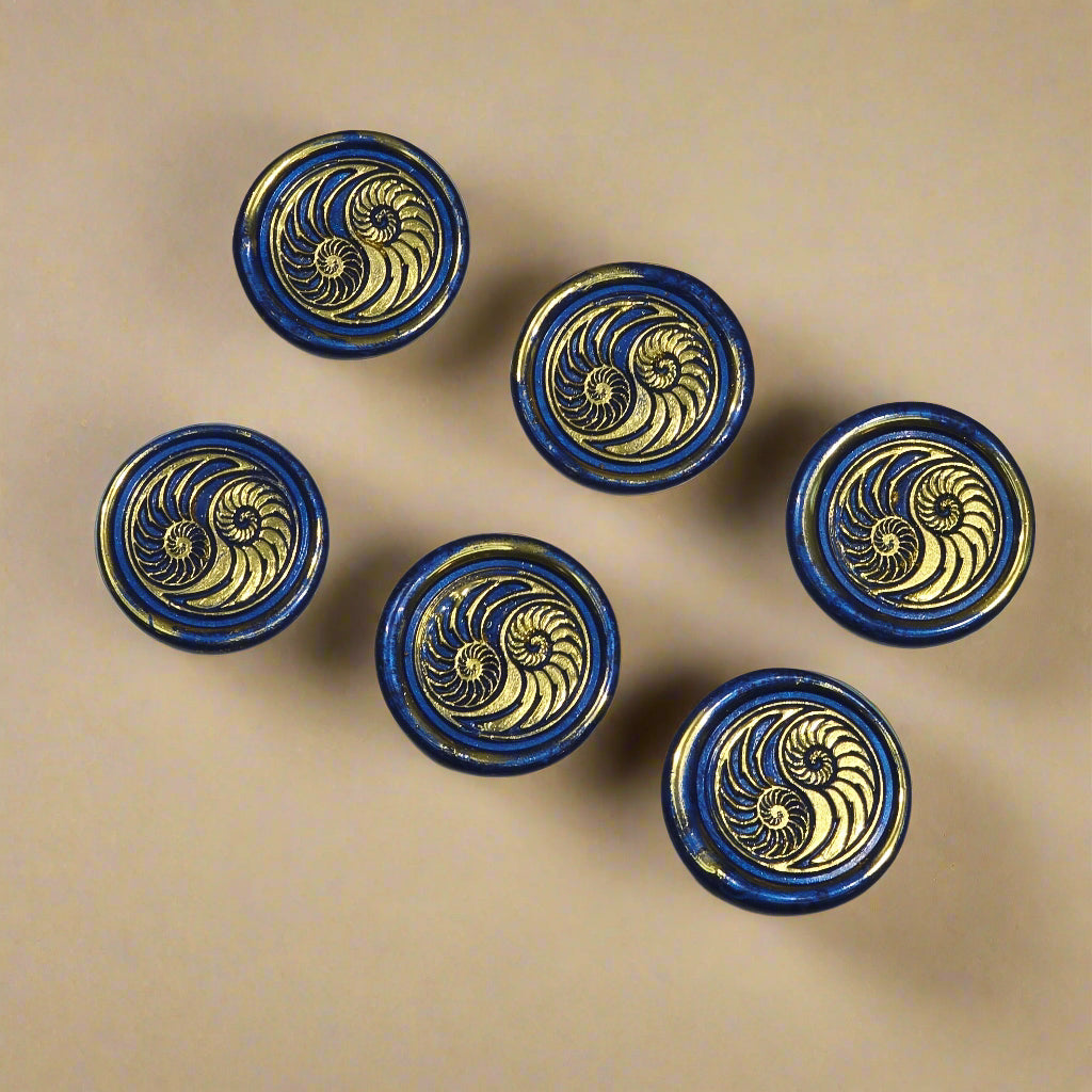 Conch Shell Wax Seals in Yin Yang in Blue and Gold, Set of SIX for cards, invitations, letters and gifts