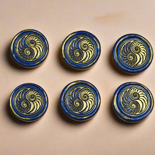 Conch Shell Wax Seals in Yin Yang in Blue and Gold, Set of SIX for cards, invitations, letters and gifts