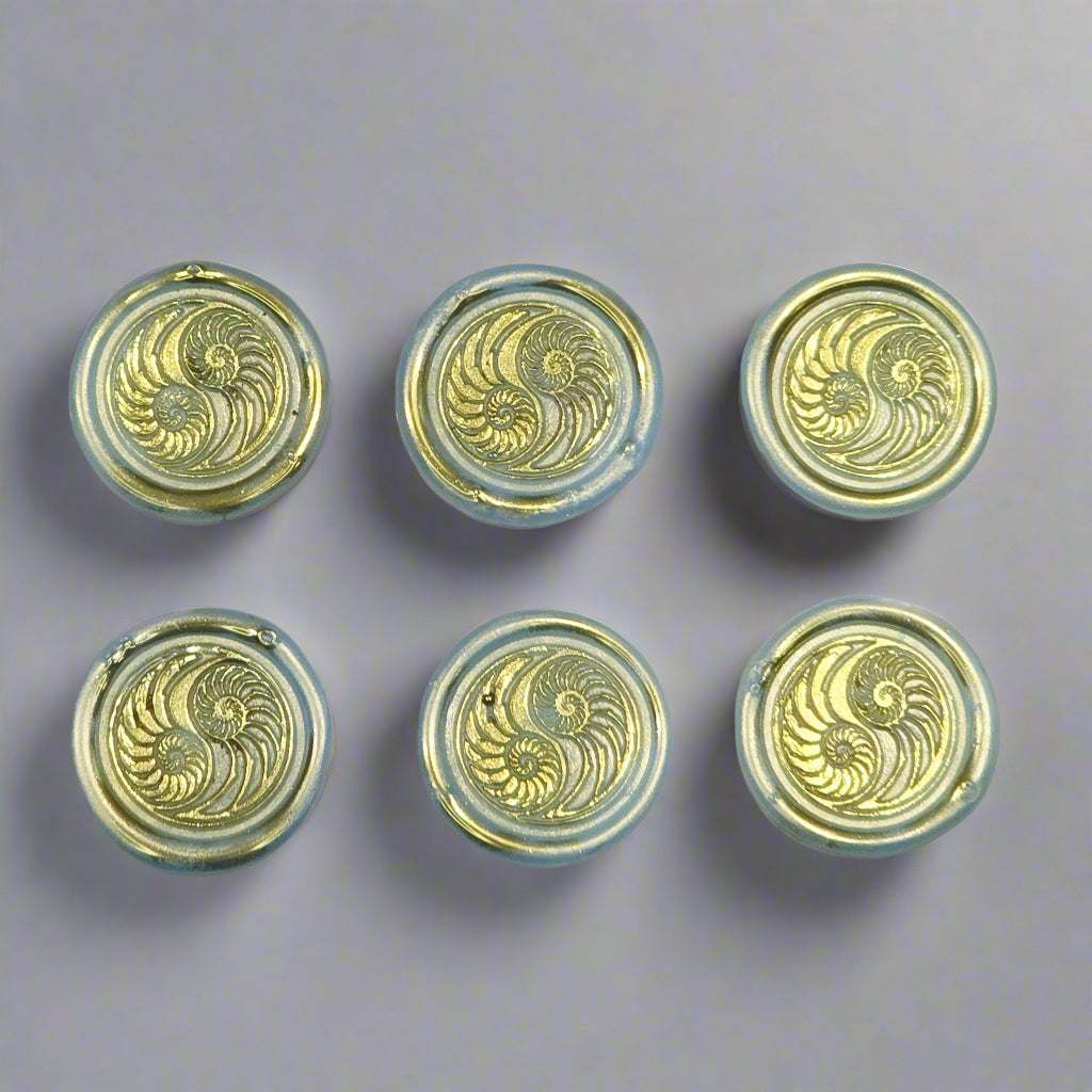 Conch Shell in Yin Yang in Ice Blue and Gold, Set of SIX for cards, invitations, letters and gifts