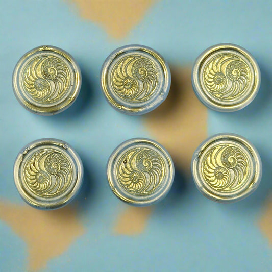 Conch Shell in Yin Yang in Ice Blue and Gold, Set of SIX for cards, invitations, letters and gifts