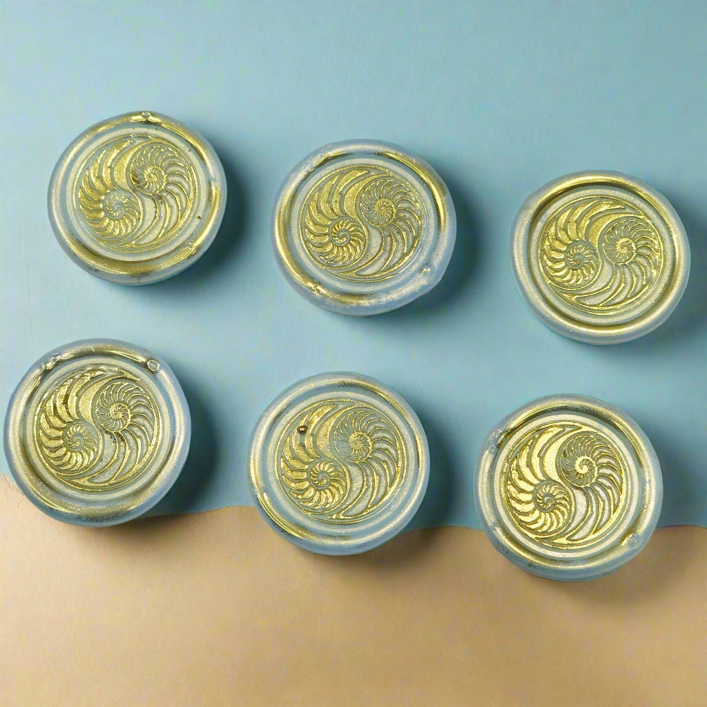 Conch Shell in Yin Yang in Ice Blue and Gold, Set of SIX for cards, invitations, letters and gifts