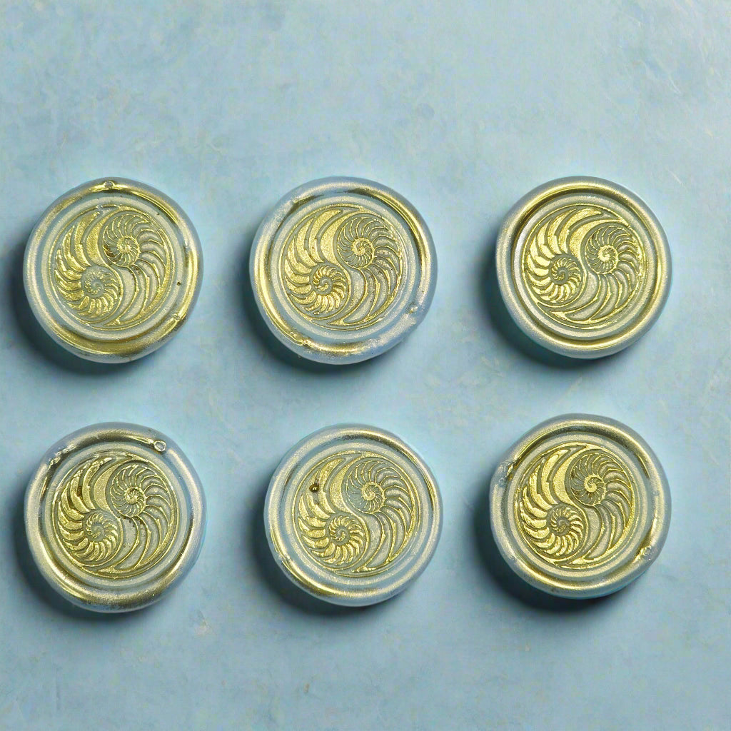 Conch Shell in Yin Yang in Ice Blue and Gold, Set of SIX for cards, invitations, letters and gifts