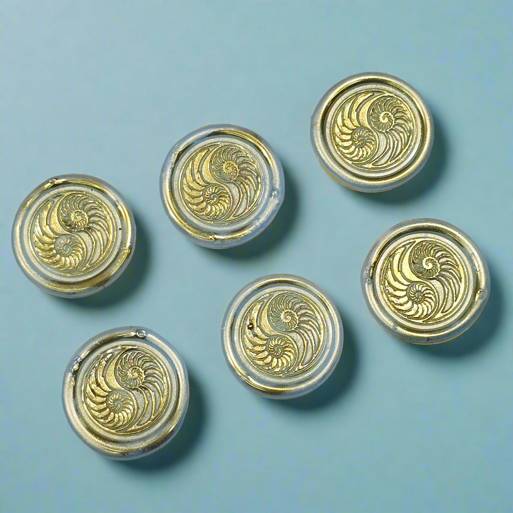 Conch Shell in Yin Yang in Ice Blue and Gold, Set of SIX for cards, invitations, letters and gifts