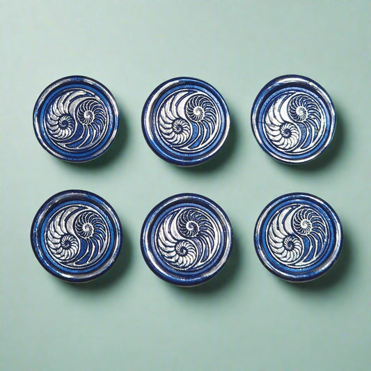 Conch Shell Wax Seals in Yin Yang in Blue and Silver, Set of SIX for cards, invitations, letters and gifts