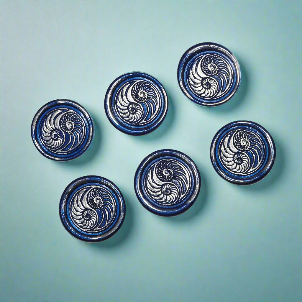 Conch Shell Wax Seals in Yin Yang in Blue and Silver, Set of SIX for cards, invitations, letters and gifts