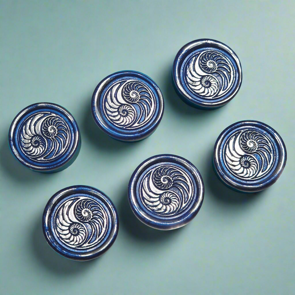 Conch Shell Wax Seals in Yin Yang in Blue and Silver, Set of SIX for cards, invitations, letters and gifts