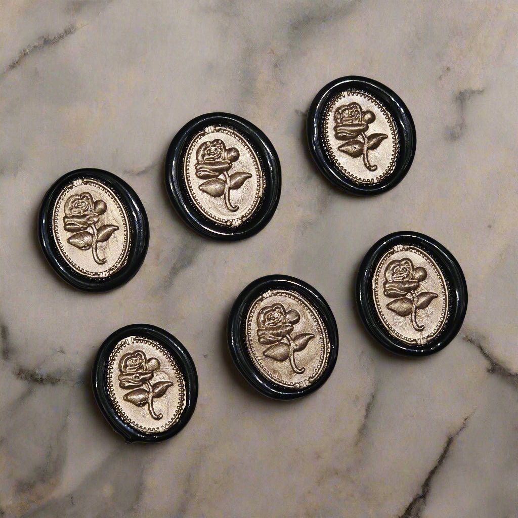 Gothic Rose Champagne Taupe & Black Two Color Wax Seals Set of SIX, with Adhesive Wax Seals for Cards, Invitations and Gifts