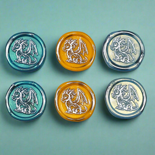 Cute Dragon Wax Seals in Teal, Orange, Ice Blue & Silver, Set of SIX, for cards, invitations, letters and gifts with adehesive