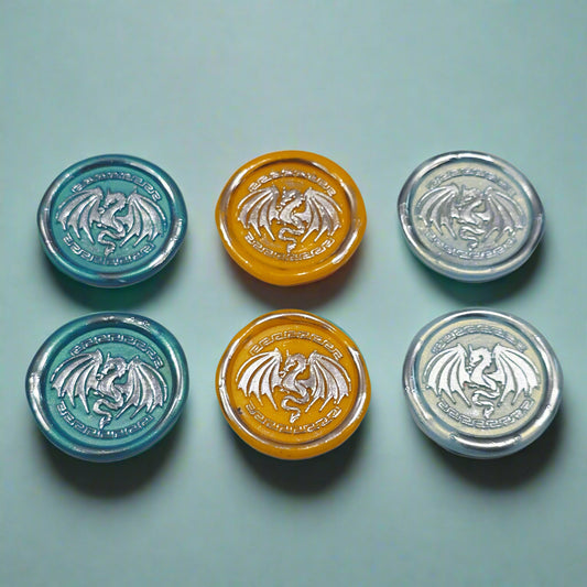 Dragon Wings Spread, Wax Seals in Teal, Orange, Ice Blue & Silver Set of SIX, with adhesive backing