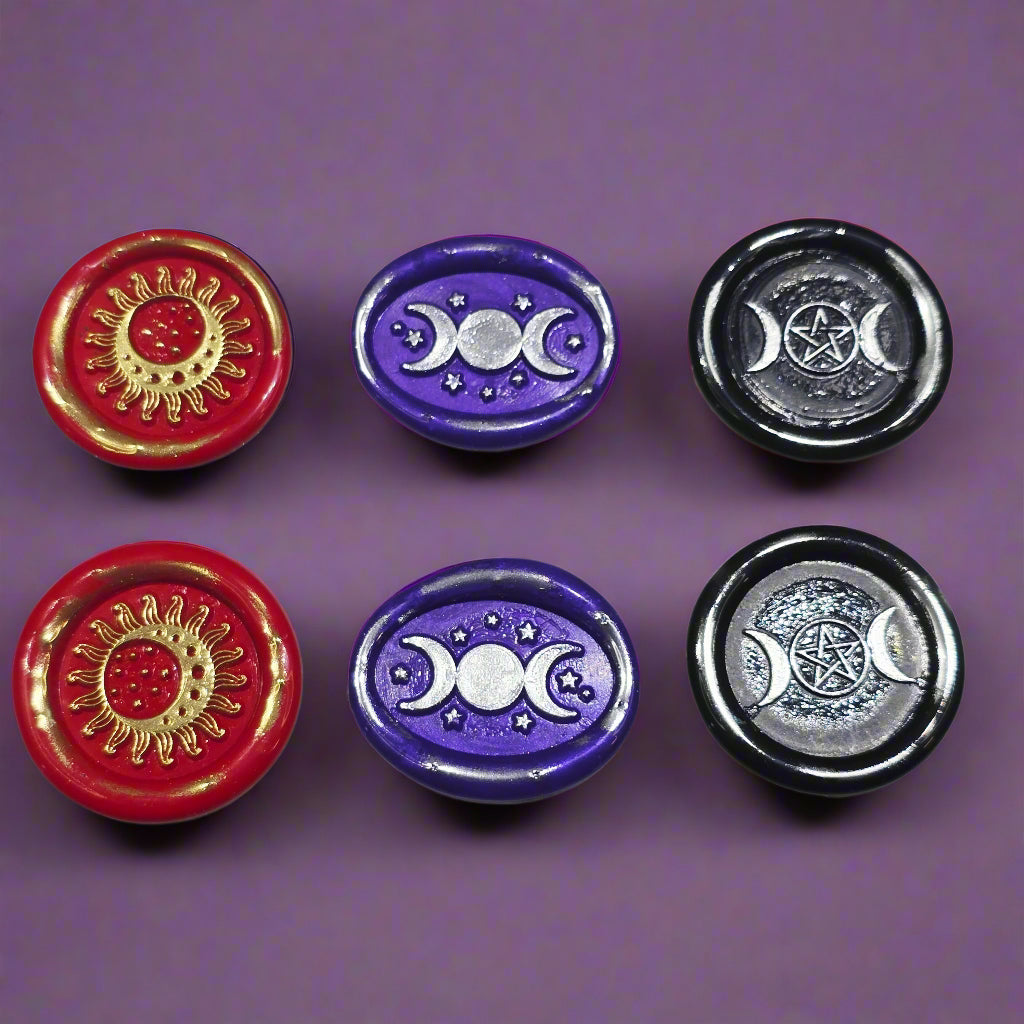 Triple Moon Trio of Wax Seals in Red, Purple, Black & Silver, Set of SIX, with adhesive