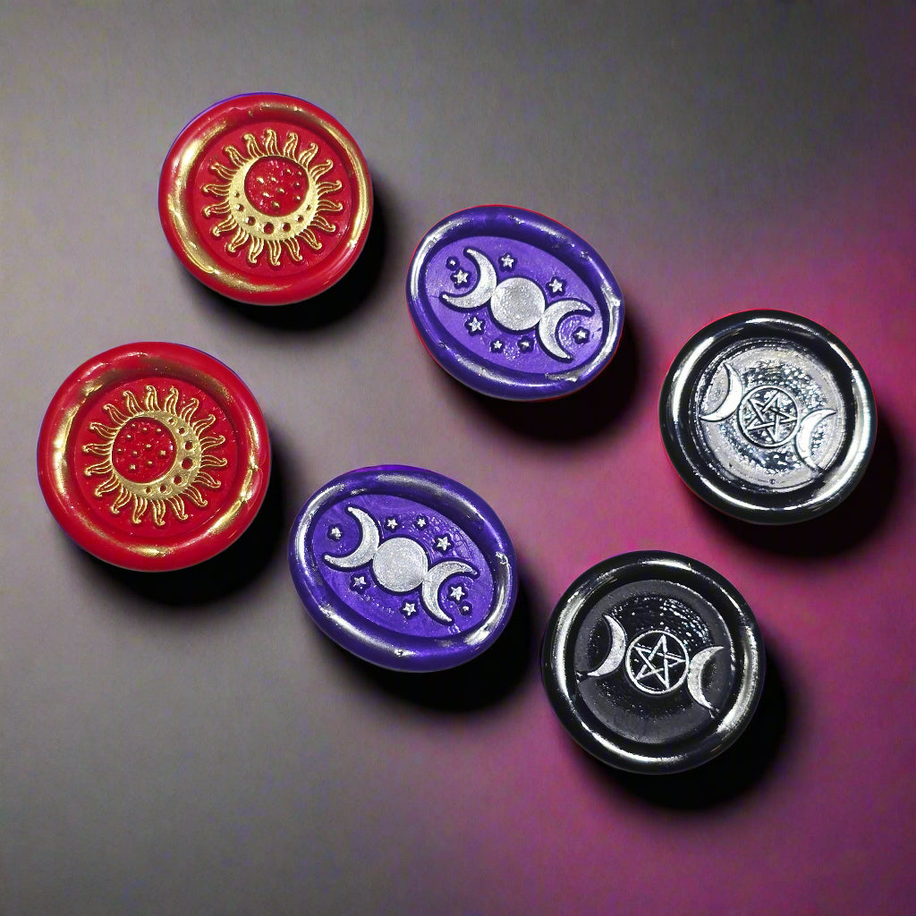 Triple Moon Trio of Wax Seals in Red, Purple, Black & Silver, Set of SIX, with adhesive