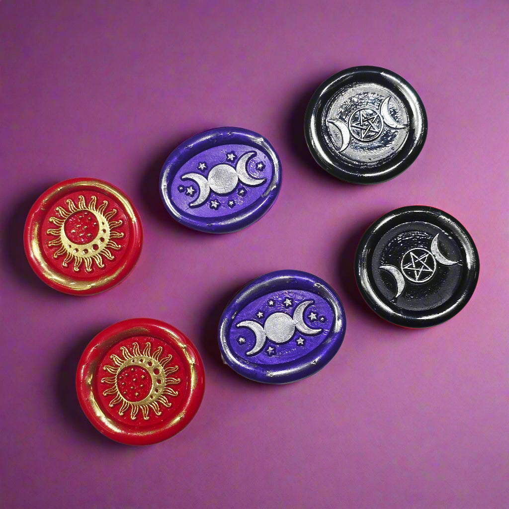 Triple Moon Trio of Wax Seals in Red, Purple, Black & Silver, Set of SIX, with adhesive