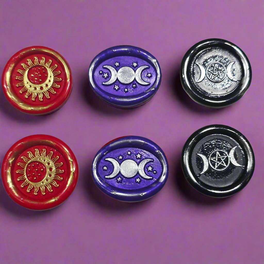 Triple Moon Trio of Wax Seals in Red, Purple, Black & Silver, Set of SIX, with adhesive