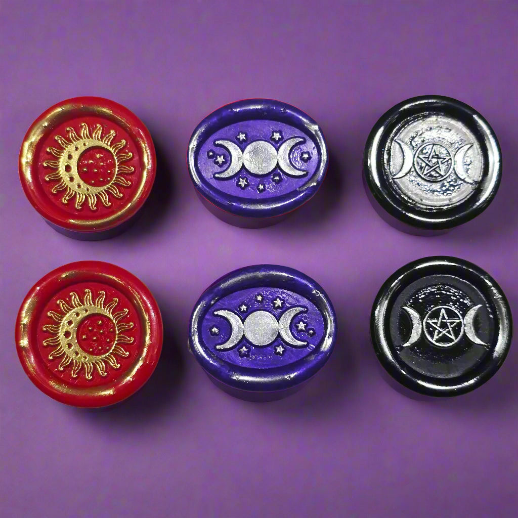 Triple Moon Trio of Wax Seals in Red, Purple, Black & Silver, Set of SIX, with adhesive