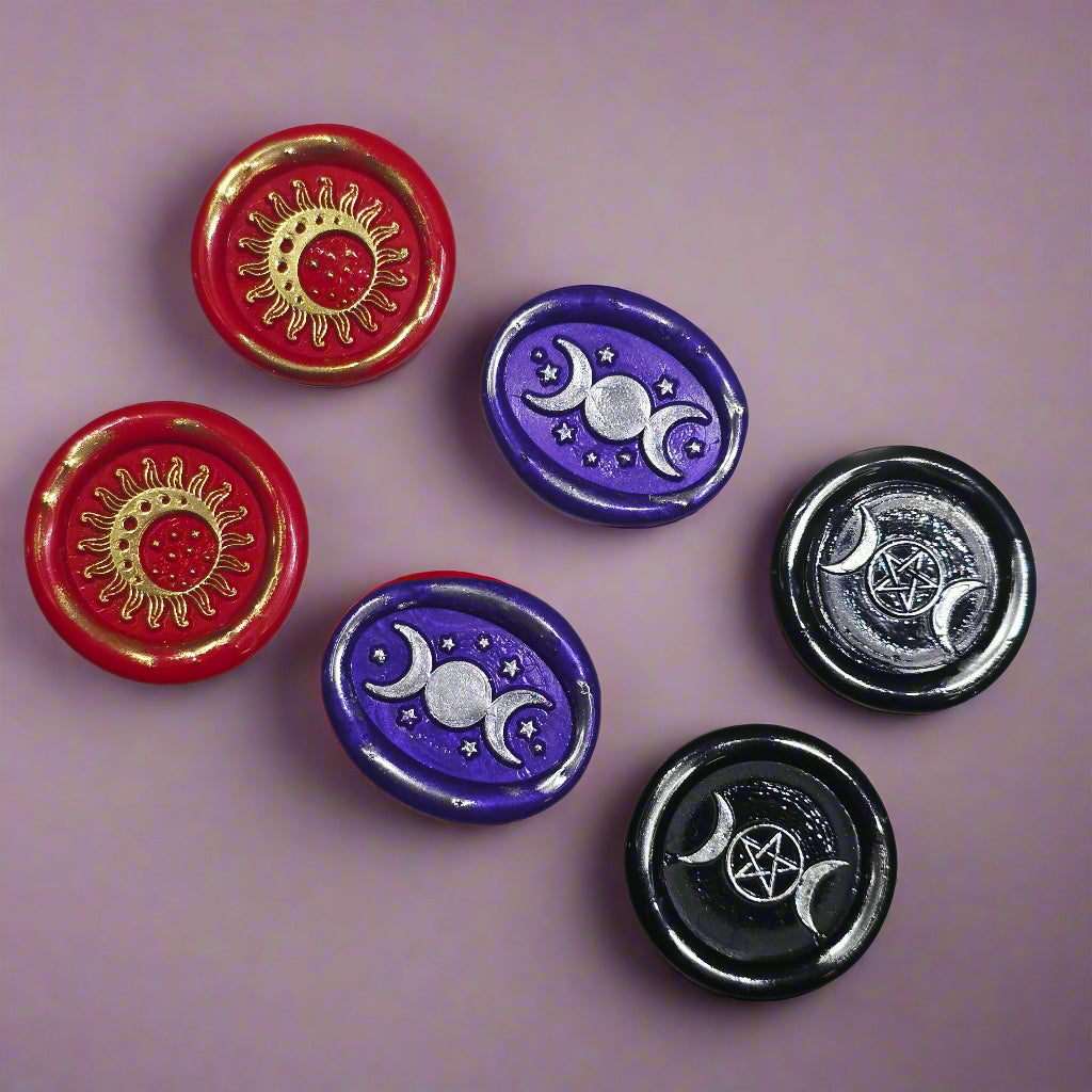 Triple Moon Trio of Wax Seals in Red, Purple, Black & Silver, Set of SIX, with adhesive