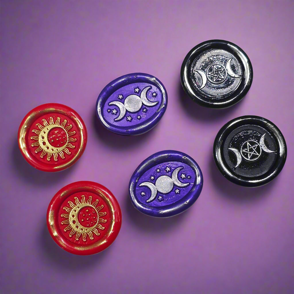 Triple Moon Trio of Wax Seals in Red, Purple, Black & Silver, Set of SIX, with adhesive