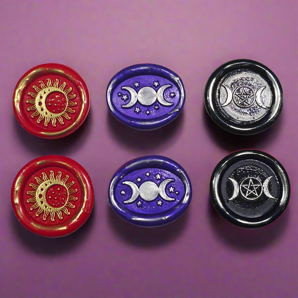 Triple Moon Trio of Wax Seals in Red, Purple, Black & Silver, Set of SIX, with adhesive