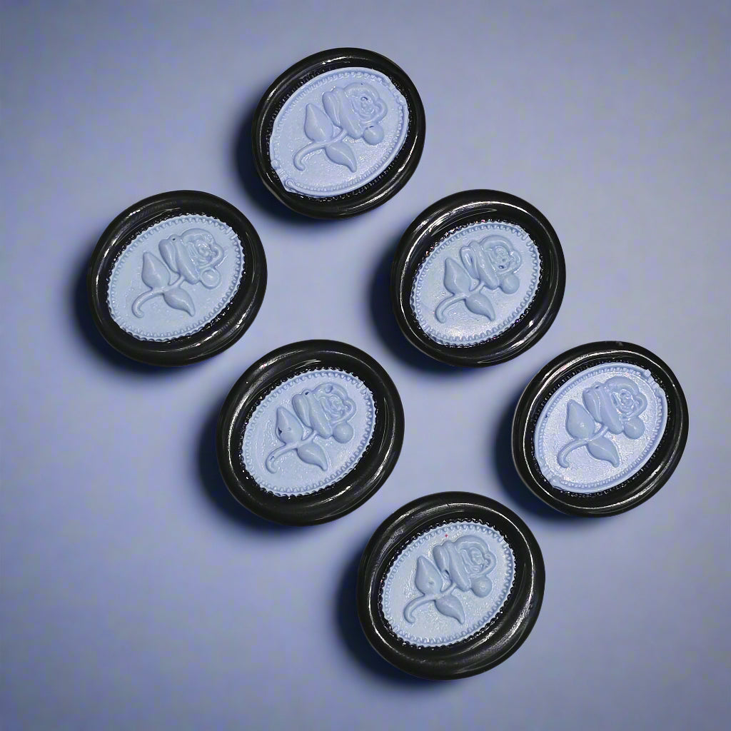 Gothic Rose Periwinkle Blue & Black Two Color Wax Seals Set of SIX, with Adhesive Wax Seals for Cards, Invitations and Gifts