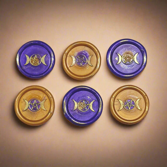 Triple Moon Wax Seals Purple & Gold, Set of SIX, for cards, invitations, letters and gifts