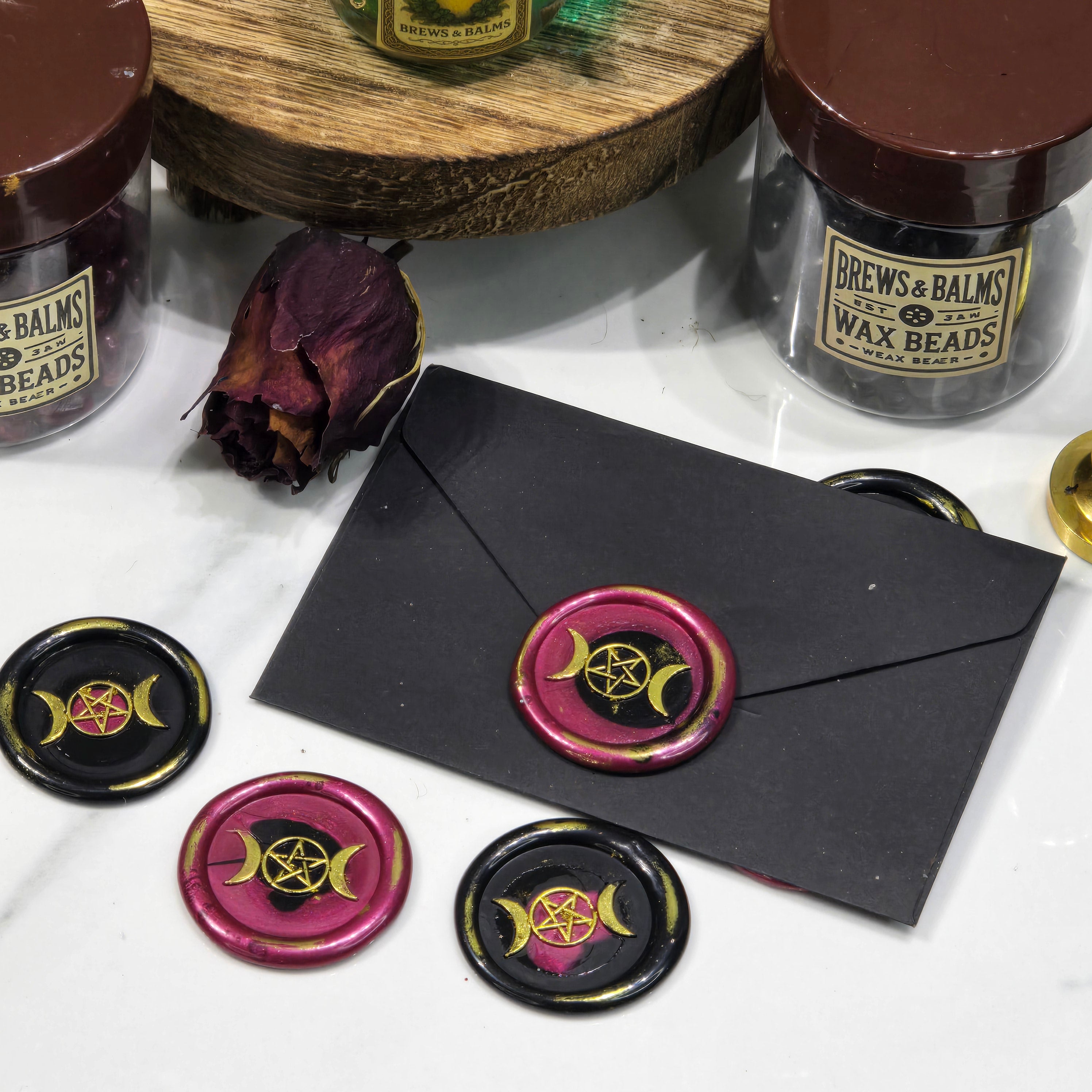 Triple Moon Wax Seals Mulberry & Black, Set of SIX, with adhesive