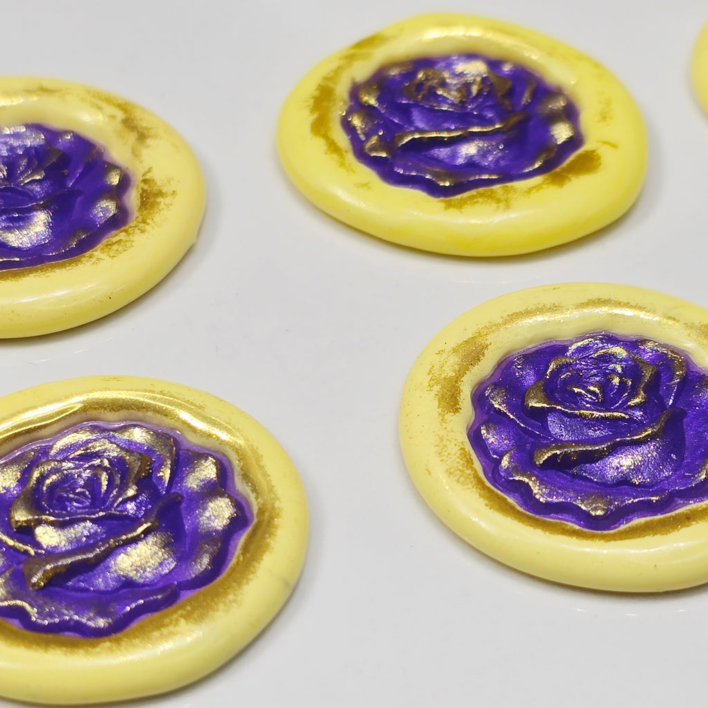 Blooming Rose Two-Color Wax Seals Yellow, Purple & Gold with adhesive