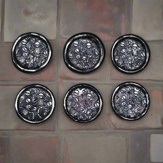 Halloween Skeleton Wax Seals Black & Silver Set of Six, with adhesive