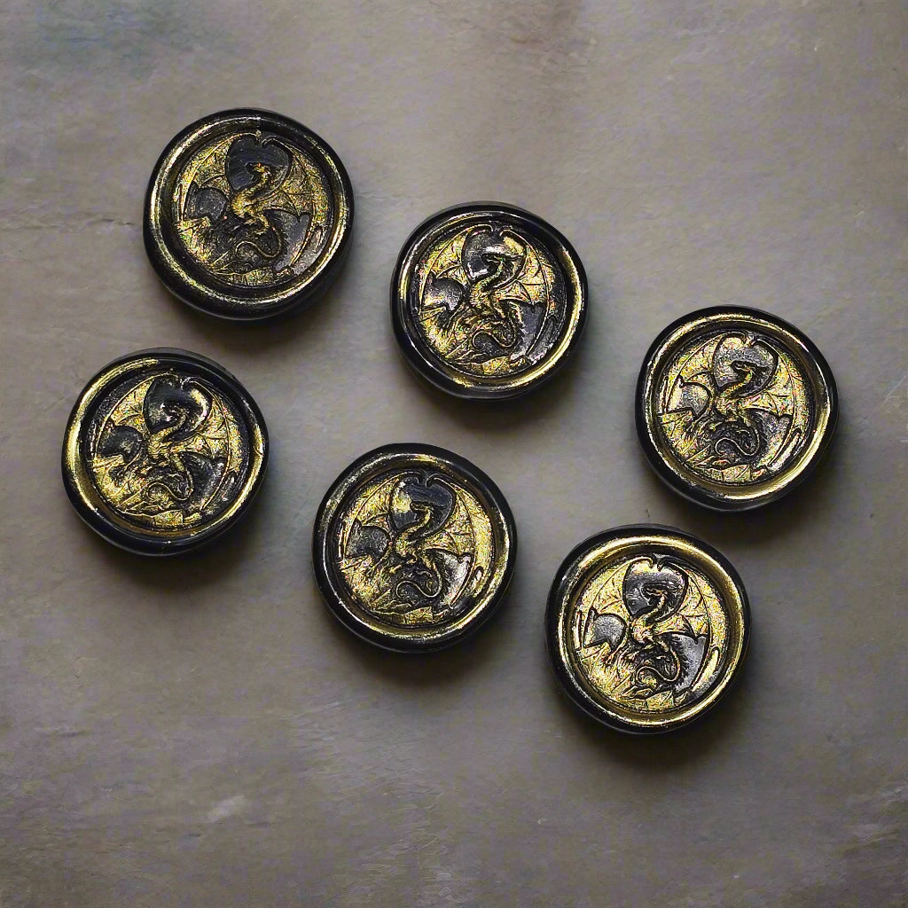 Dragon Wax Seals, Black & Gold, Set of SIX, with adhesive