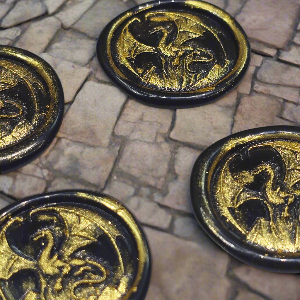 Dragon Wax Seals, Black & Gold, Set of SIX, with adhesive