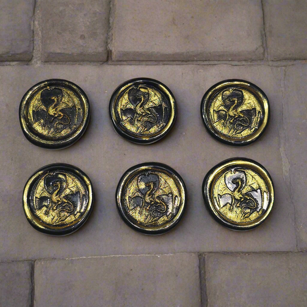 Dragon Wax Seals, Black & Gold, Set of SIX, with adhesive