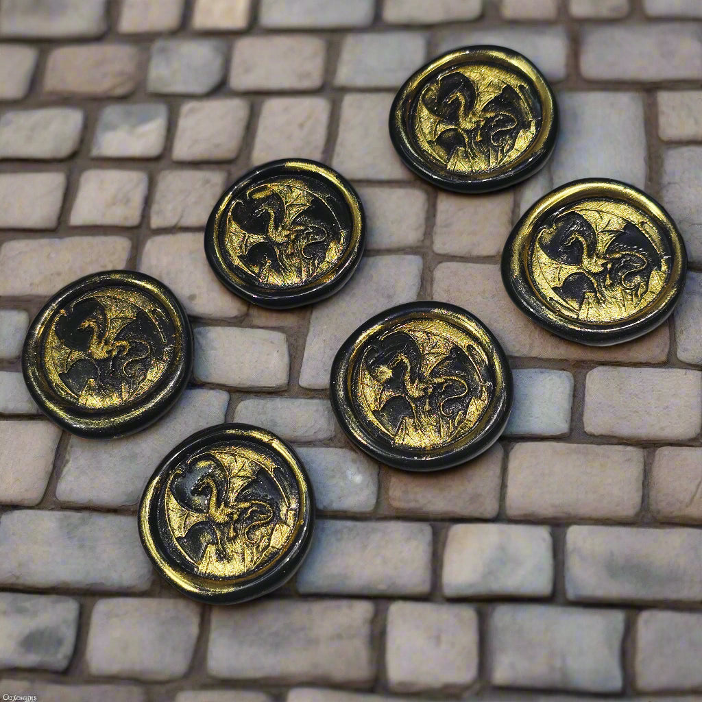 Dragon Wax Seals, Black & Gold, Set of SIX, with adhesive