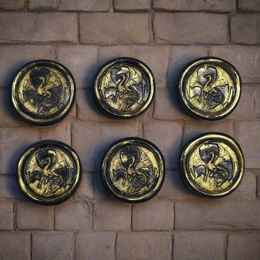 Dragon Wax Seals, Black & Gold, Set of SIX, with adhesive